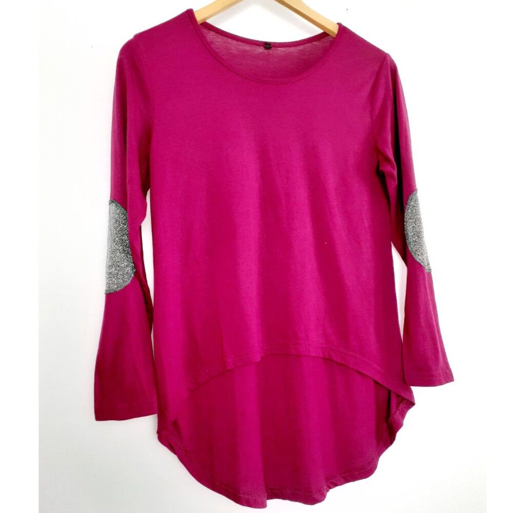 Silver Sequin Elbow Patch Fuchsia Hi-Low Hem Long Sleeve Top Size Medium